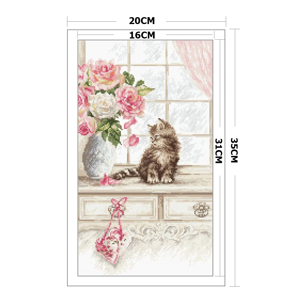 

Eco-cotton Thread 11CT Stamped Print DIY Cat Pink Flower Handmade Cross Stitch Artwork Canvas Embroidery Kit Needlework Decor