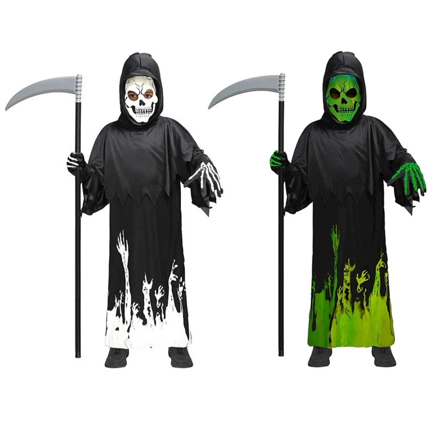 Fluo Rescence Grim Reaper Costumes Scythe Halloween Costume for Kids Boy Scary Terror Luminous Grim Reaper Glow in the Dark