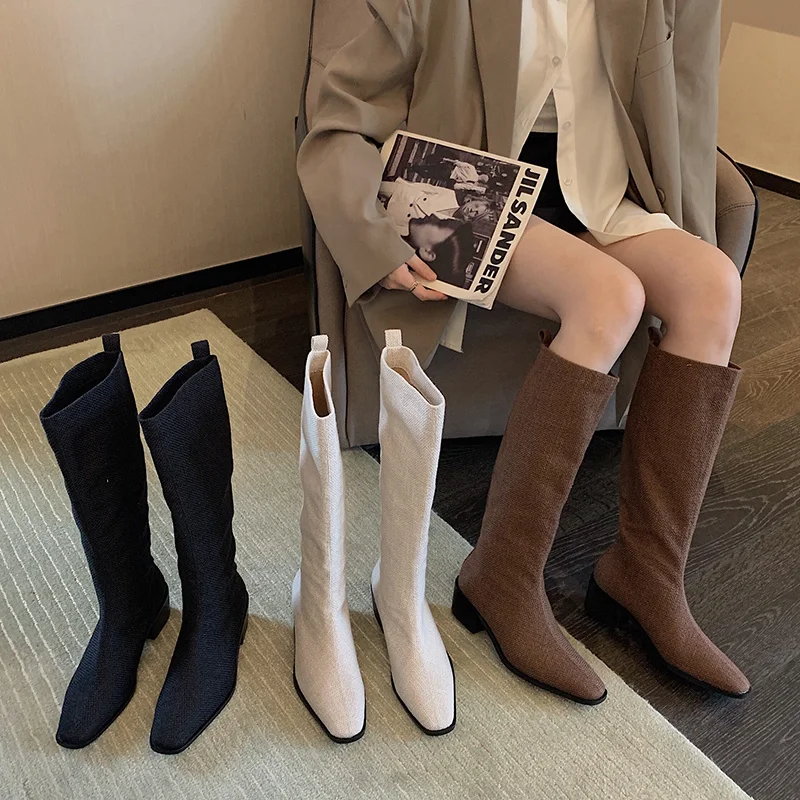 Женские ковбойские сапоги до бедра повседневные на высоком квадратном каблуке