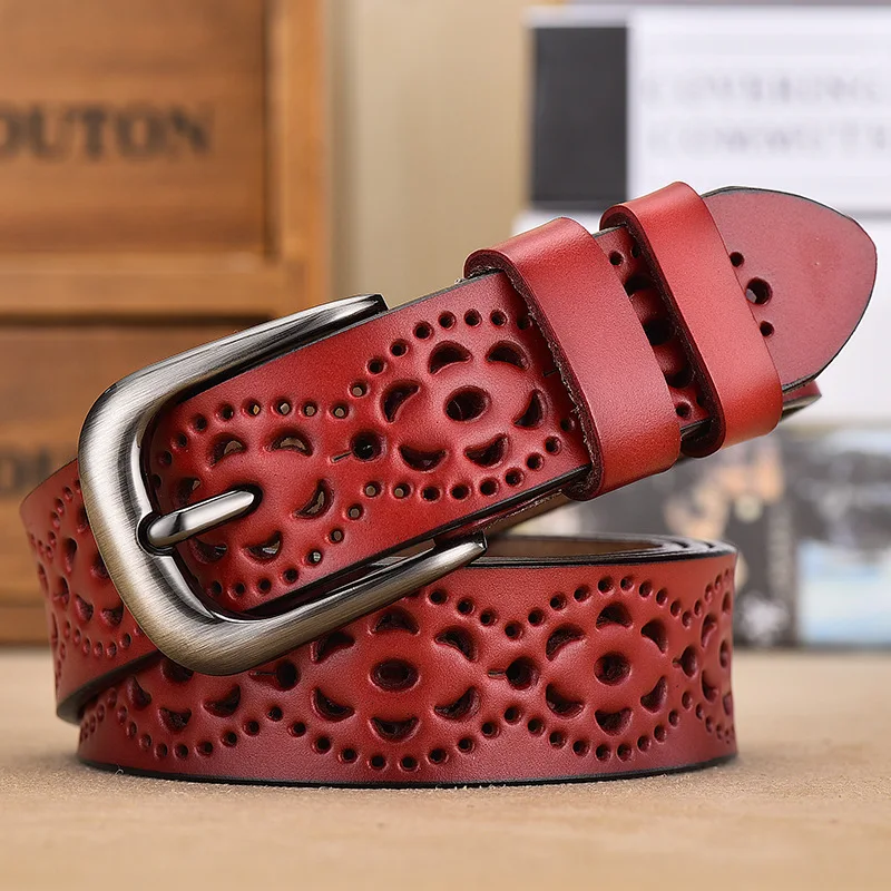 

Women's Cowgirl Leather Belts Ladies Hollow Pin Buckle Belt Non-Perforated Waistband Students Girls Fashion Studded Jeans Belts