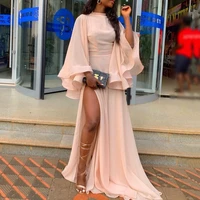 2021 elegant high neck chiffon evening dresses long poet sleeve plus size side slit pink formal prom party gowns new