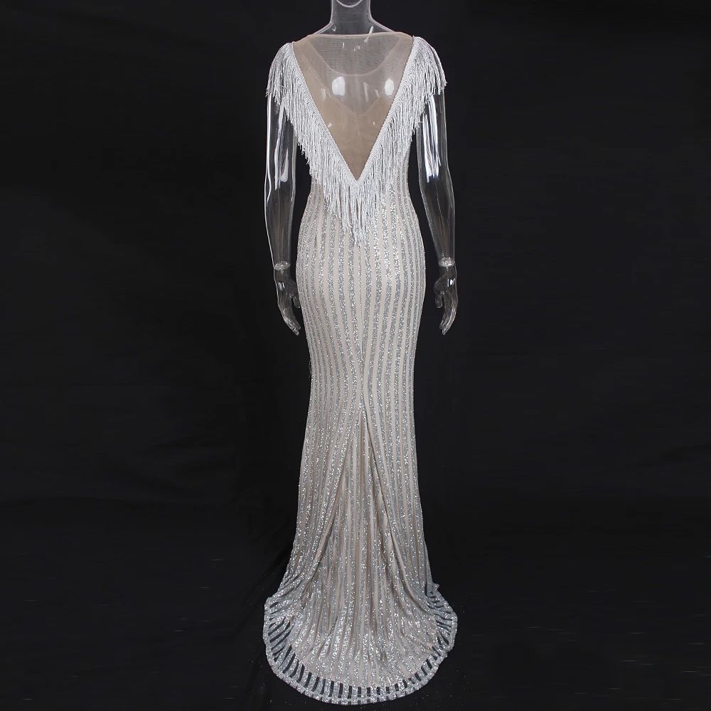 Блестящее платье макси с бахромой и V образным вырезом сетчатое лоскутное