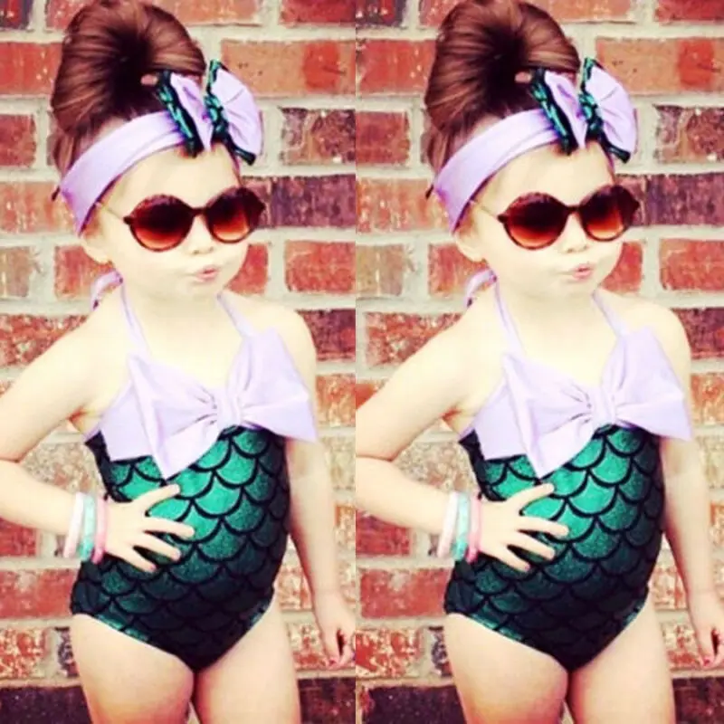 Детские купальники для девочек зеленые в виде рыбьей чешуи русалки цельные