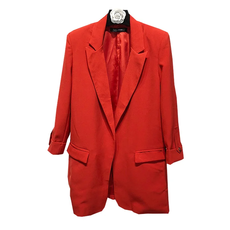 

Autumn Women Solid Red Blazer Female Single Button Long Coat L1111236