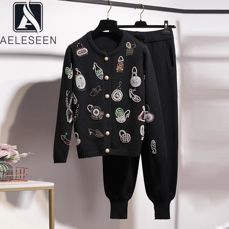 

AELESEEN Casual Women Sets Autumn Winter Luxury Beading Diamonds Black Sweater+ Full-Lenght Pants Runway Fashion Knitting Sets