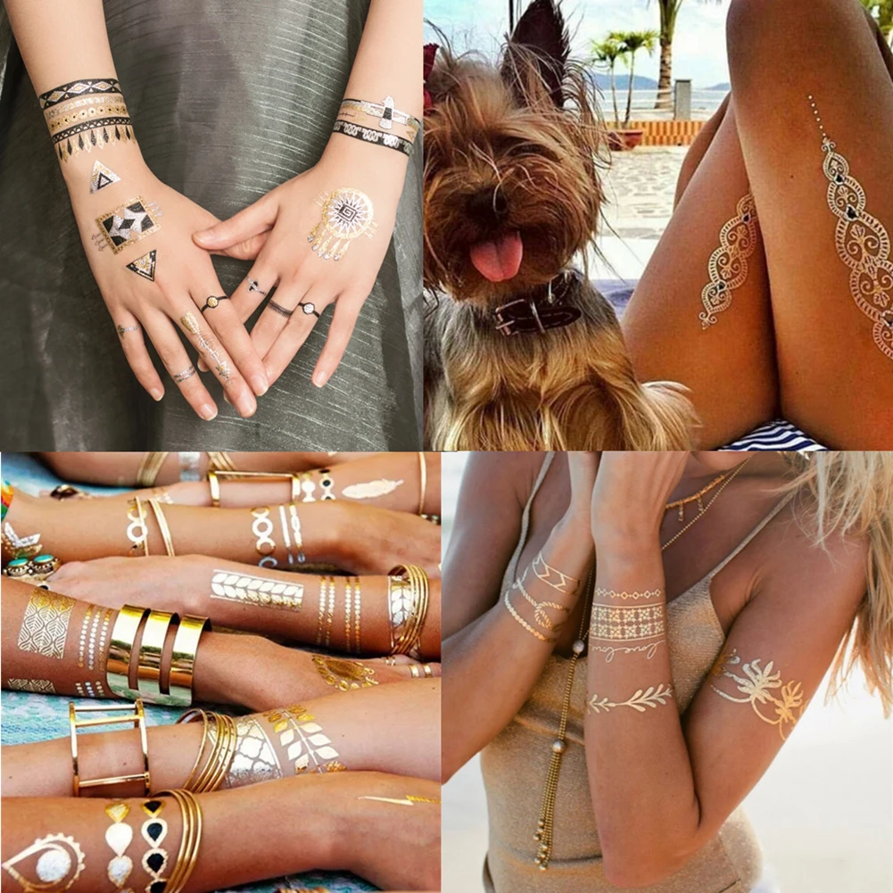 

Sexy Temporary Tattoo Stickers Women Party Body Arm Art Fake Flash Tattoos Golden Metallic Tattoo Stickers Girl Wrist Bracelet