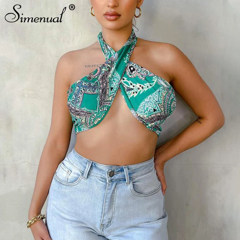 

Simenual Wrap Paisley Print Bandage Halter Crop Tops For Women Criss Cross Clubwear Backless Sleeveless Party Top Green Baddie