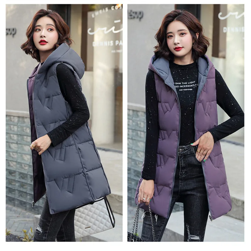 

Double side wear Korean Slim Hooded Down Cotton Vest Women's Waistcoat Women's Sleeveless Jacket 2021 Autumn Winter Vest Women