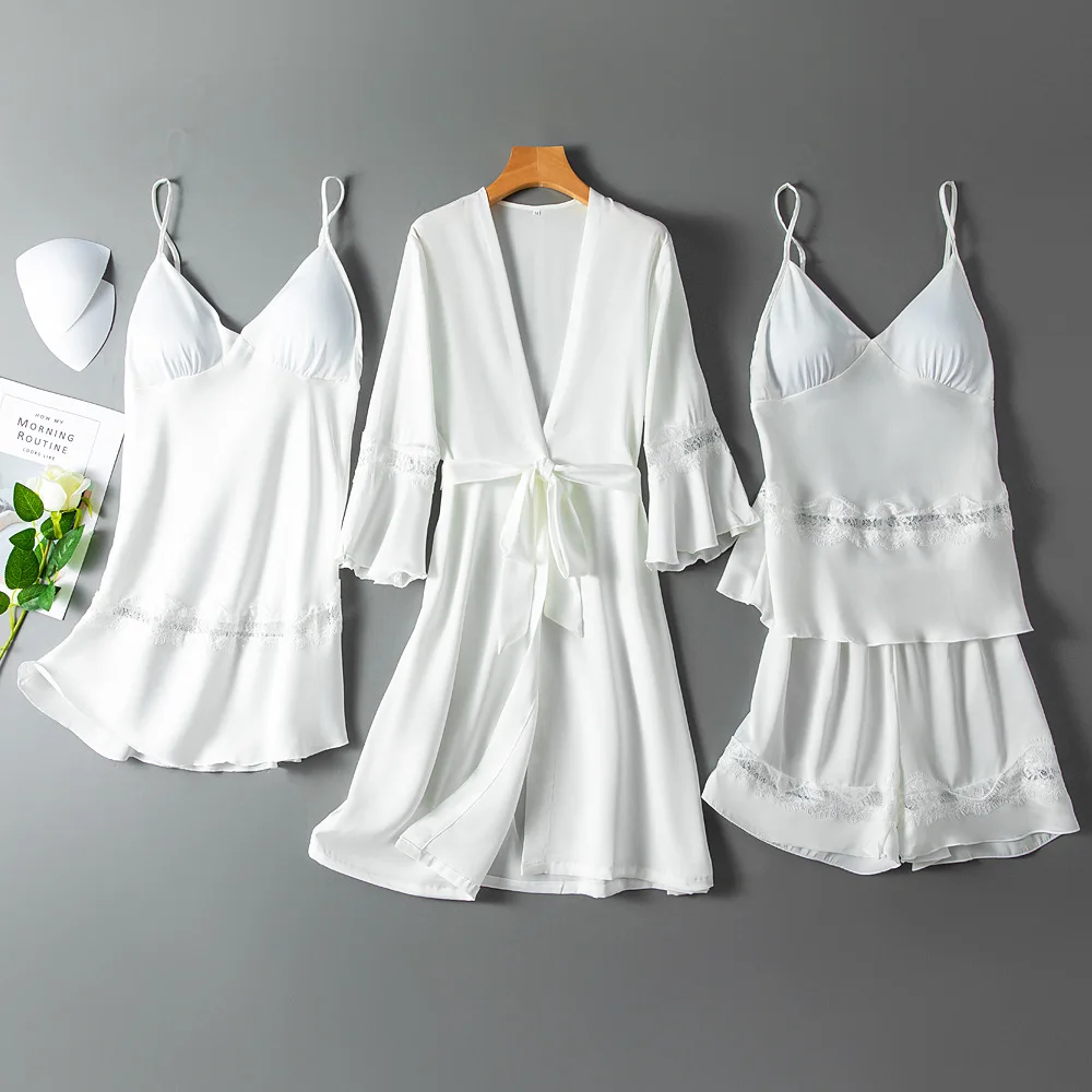 

Autumu White Pajamas Set Sexy Hollow Out 4PCS Sleepwear Women Satin Sleep Set Femme Pijamas Suit Casual Home Clothes