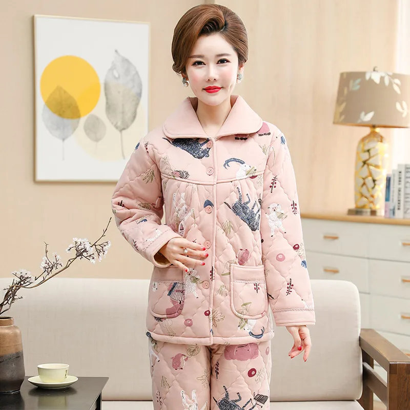

Animal quilted cotton pajamas women three-layer thick warm printing ladies suit lapel long-sleeve pajamas set Winter Sleepwear