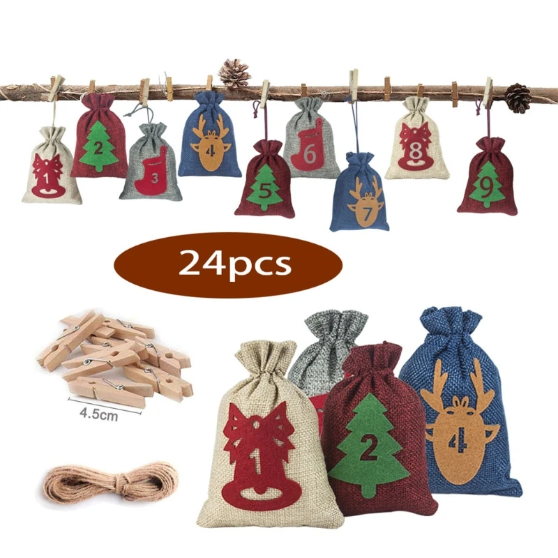 

1-24 Christmas Advent Holiday Calendar Hanging Bag Christmas Calendar Candy Gift Bag Countdown Christmas Decoration