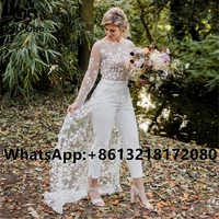 2021 jumpsuit pants wedding dresses long lace pockets v neck elastic satin boho vestido de women bridal gowns