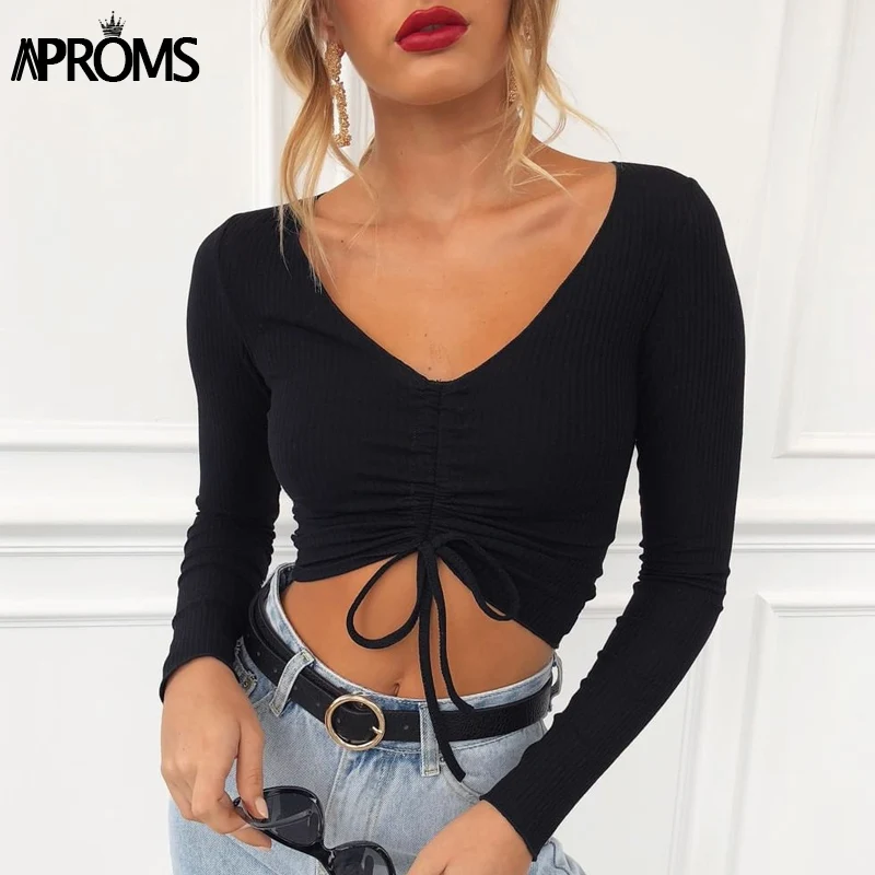 

Aproms Sexy V Neck Ribbed Cropped T-shirt Women Elegant Drawstring Tie Up Ruched Tshirt Streetwear Solid Slim Crop Top 2021 New