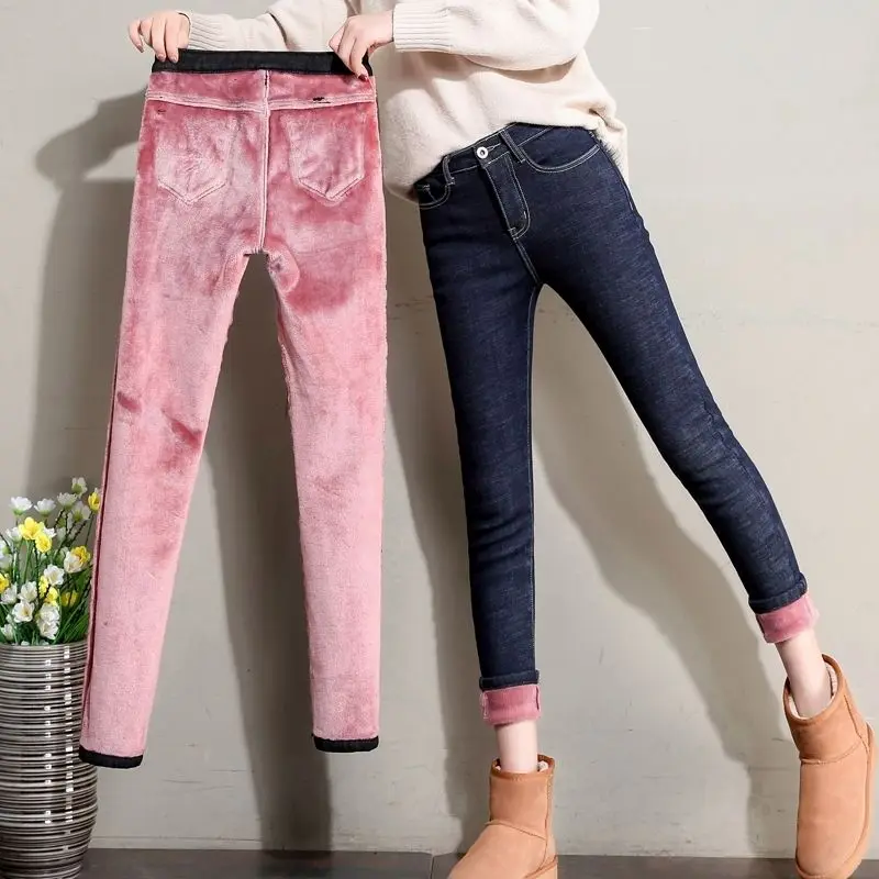

Зимние теплые обтягивающие узкие джинсы для женщин, толстые бархатные теплые леггинсы, Стрейчевые джинсы, флисовые джинсовые штаны, женские джинсы
