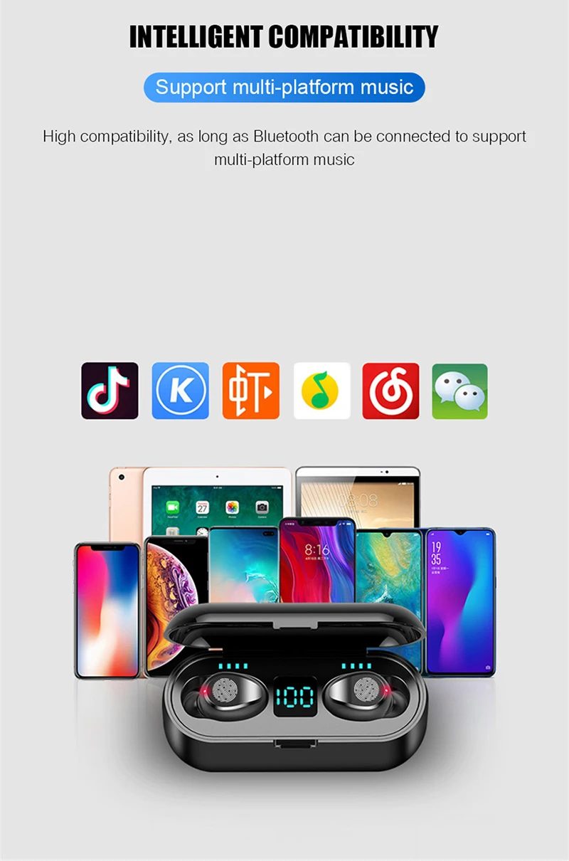 TWS Bluetooth V5.0, наушники со светодиодный дисплеем, беспроводные наушники, стерео спортивные наушники, гарнитура, 2000 мА/ч, внешний аккумулятор, fone de ouvido