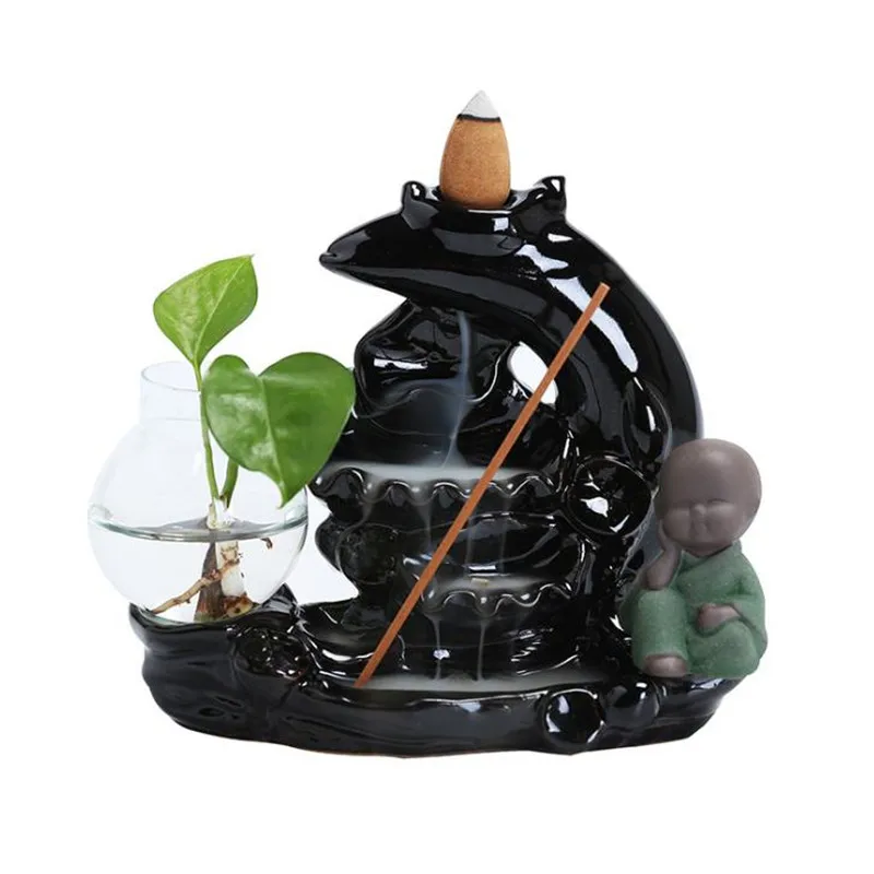 

Creative Zen Little Monk Lotus Mountain Waterfall Incense Burner Buddha Small Green Plant Vase Home Decor Aromatherapy Censer