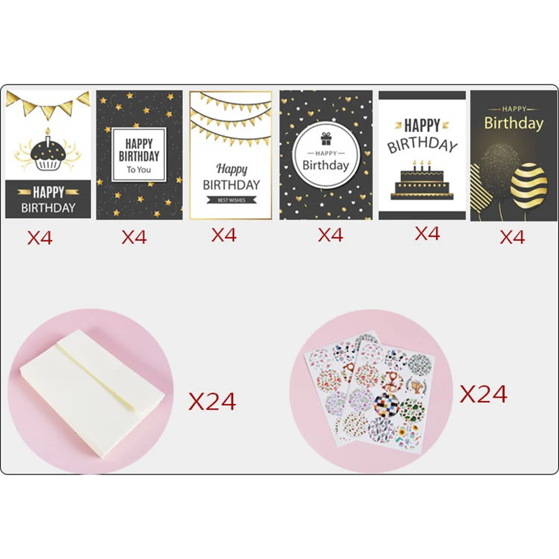 

24pcs/Set Happy Birthday Cards for Mother Dad Mix Style Creative Cartoon Printed Custom Invitation Card for Small Business Order