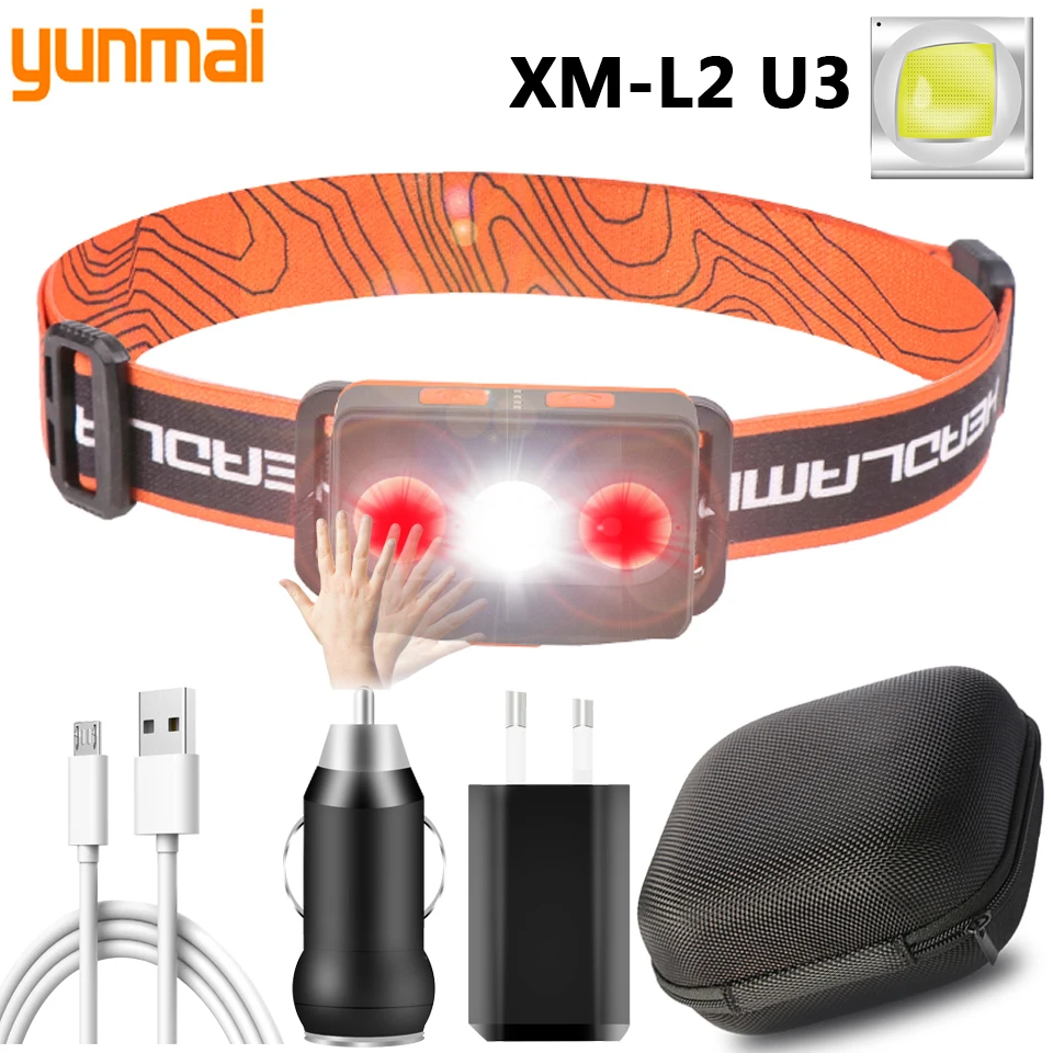 

Build-in Battery XM-L2 U3 Sensor Led Headlamp 10W Torch COB Bulbs for Camping Usb Rechargeable Head Flashlight Headlight