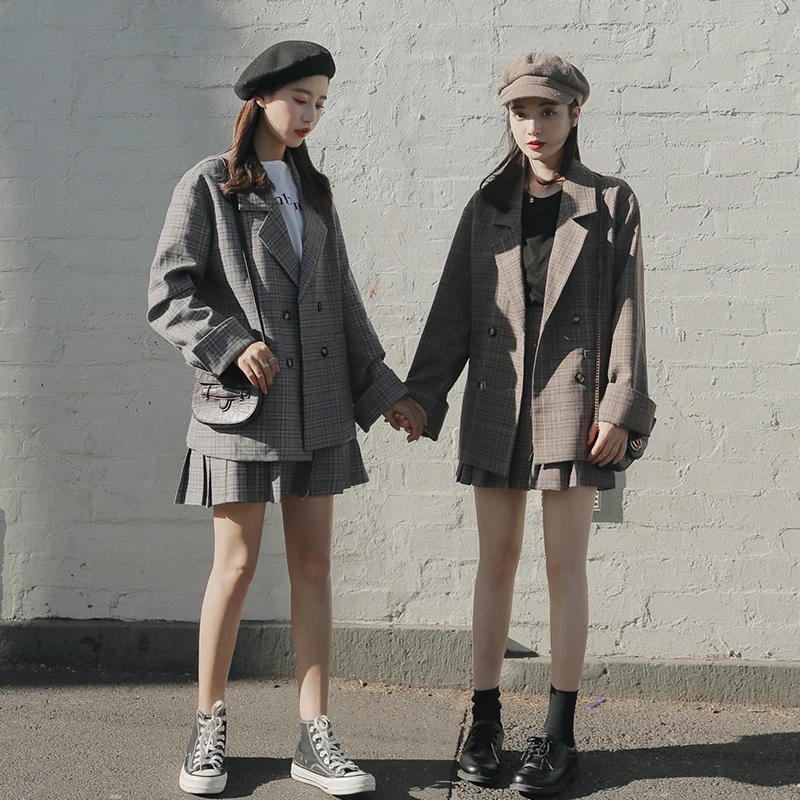 Женский клетчатый пиджак в стиле ретро двубортный и юбка-карандаш костюм из 2