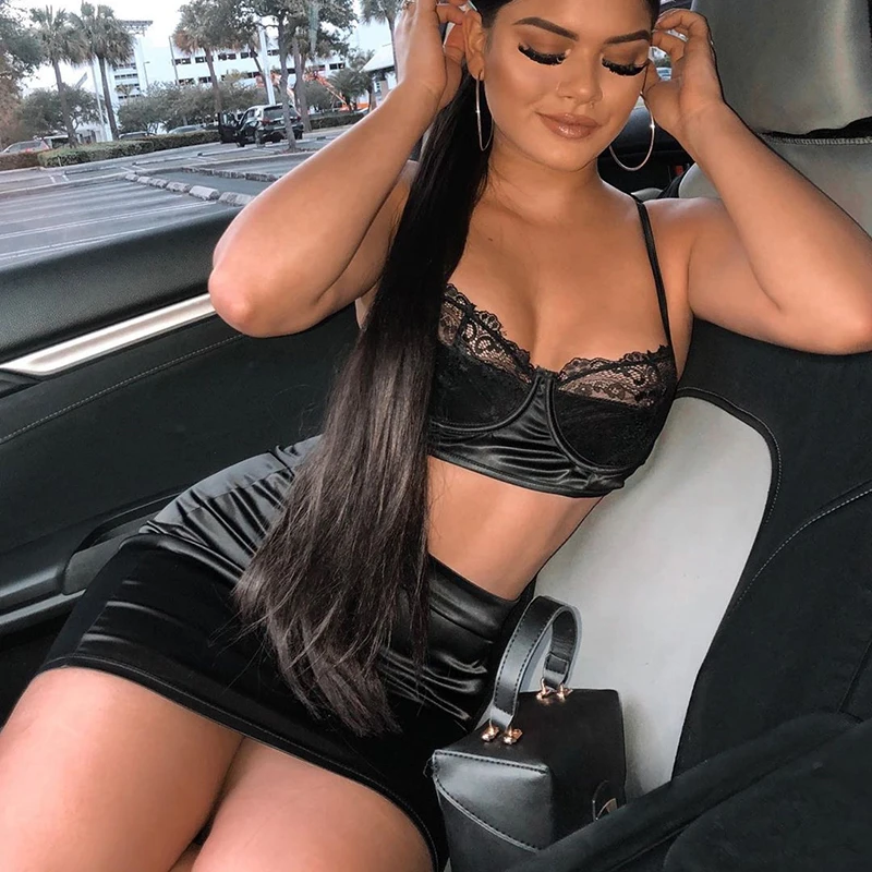 InstaHot/кружевной лоскутный Атласный Женский комплект с бретельками из двух частей, черная Эротичная миниюбка, комплект из 2 предметов, летняя Новинка с открытой спиной