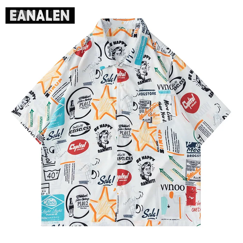 

Summer men's graffiti button shirt Harajuku vintage beach Hawaiian short sleeve shirt streetwear hip hop loose seaside shirt