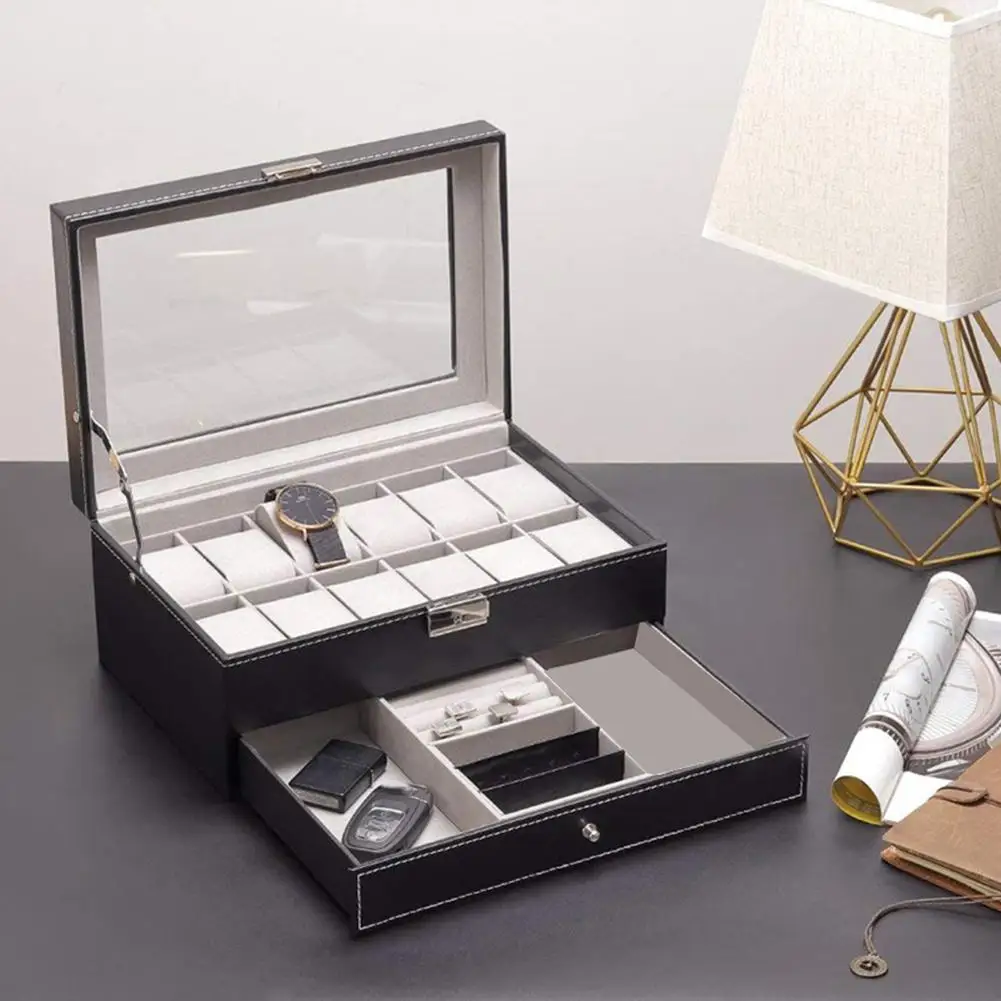 

Double Layer 12 Slot Watch Organizer Jewelry Storage Box Display Collection Case Ring Watch Holder Glass Top Jewelry Organizer