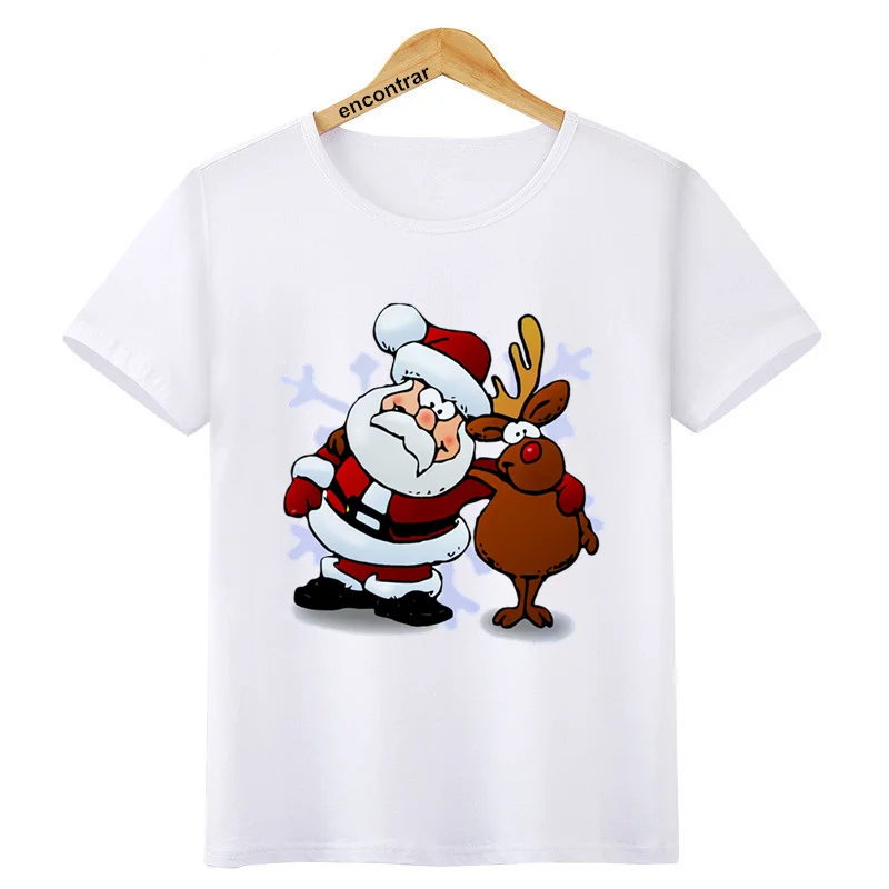 

T-shirt New Style Children Girls & Boys Fun Christmas Santa Claus Reindeer Print Tshirt Kids Fashion Short-sleeved White Tops