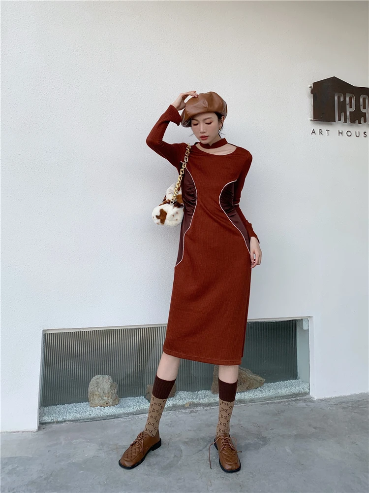 

2021 Fashion Satin Pathwork Ladies Knitted Halter Dress Long Sleeve Bodycon Tunic Side Split Designer Dress Women S141
