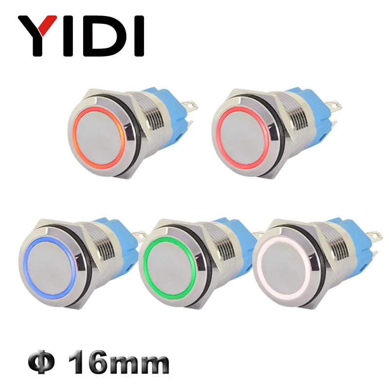 16mm LED Illuminated Flat Metal Push Button Switch on Off Latching 1NO1NC Momentary 12V 220V Red Green Blue Amber Led Switch