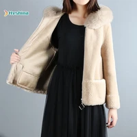 womens real fur coat sheep shearling coat female short paragraph fox fur collar profile granule wool fur coat hooded jacket