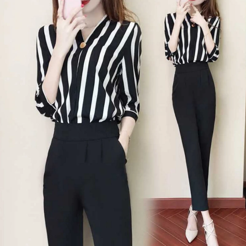 

2 Piece Set Fashion Spring Trouses Suit Long Sleeve Stripe Blouse Pants Outfit