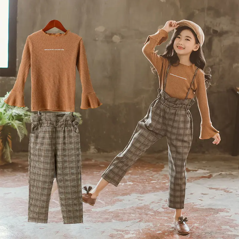 Комплект одежды для девочек сезон весна осень коричневая рубашка и комбинезон