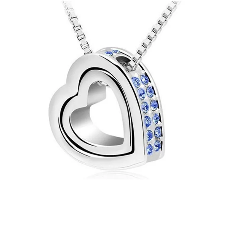 Silver.DarkBlue Новое качество австрийский кристалл АААА+ двойное сердце со стразами кулон свитер цепь ожерелье шарм Женская мода ювелирные изделия - Окраска металла: Silver.DarkBlue