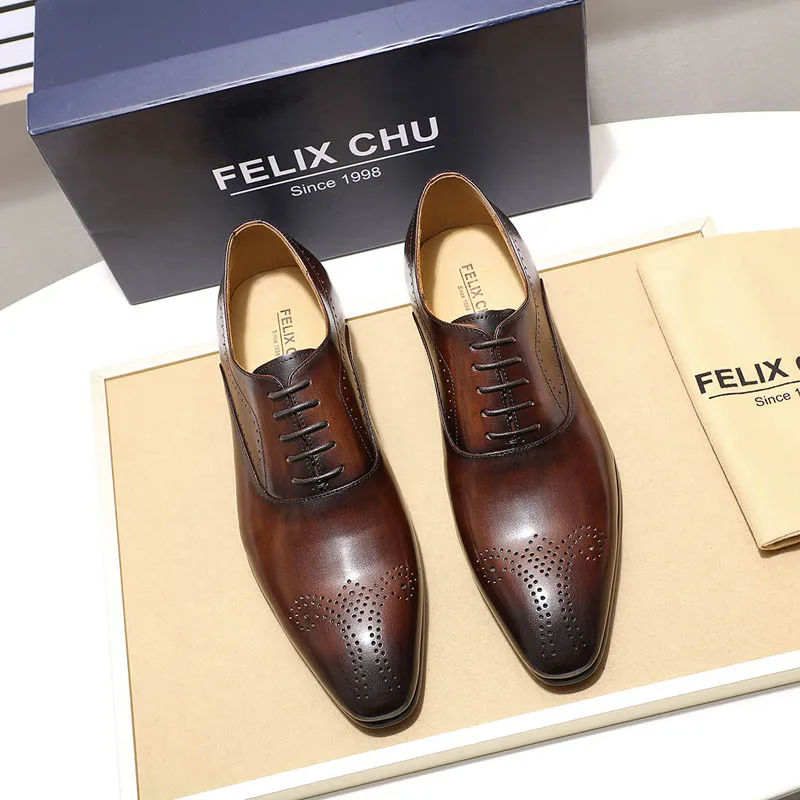 Brown FELIX CHU/Мужские модельные туфли; кожаные оксфорды с медальоном; Мужская официальная Обувь На Шнуровке; Мужская обувь в деловом стиле из натуральной кожи; цвет коричневый, черный - Цвет: Brown