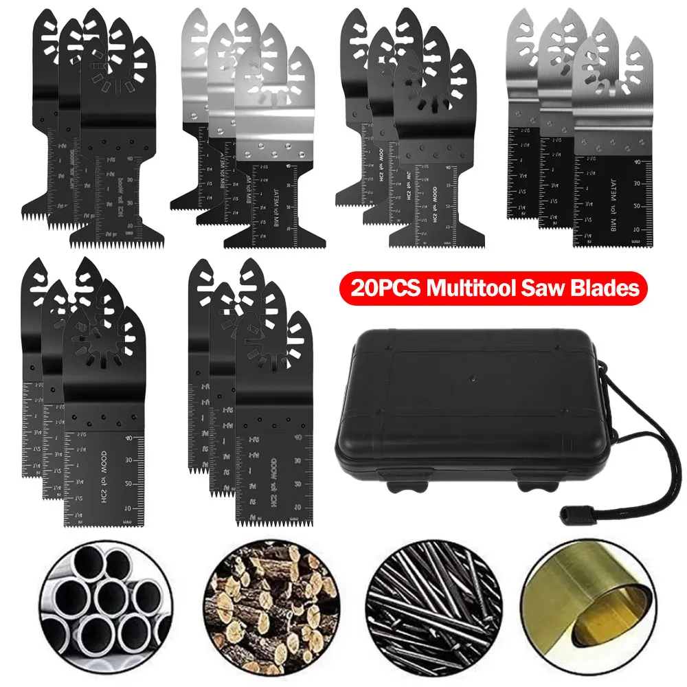 

20pcs Multitool Blades HCS Mix Oscillating Saw Blades Quick Release Tool Accessories for Metal Wood Plastic Glass Stone Cutting