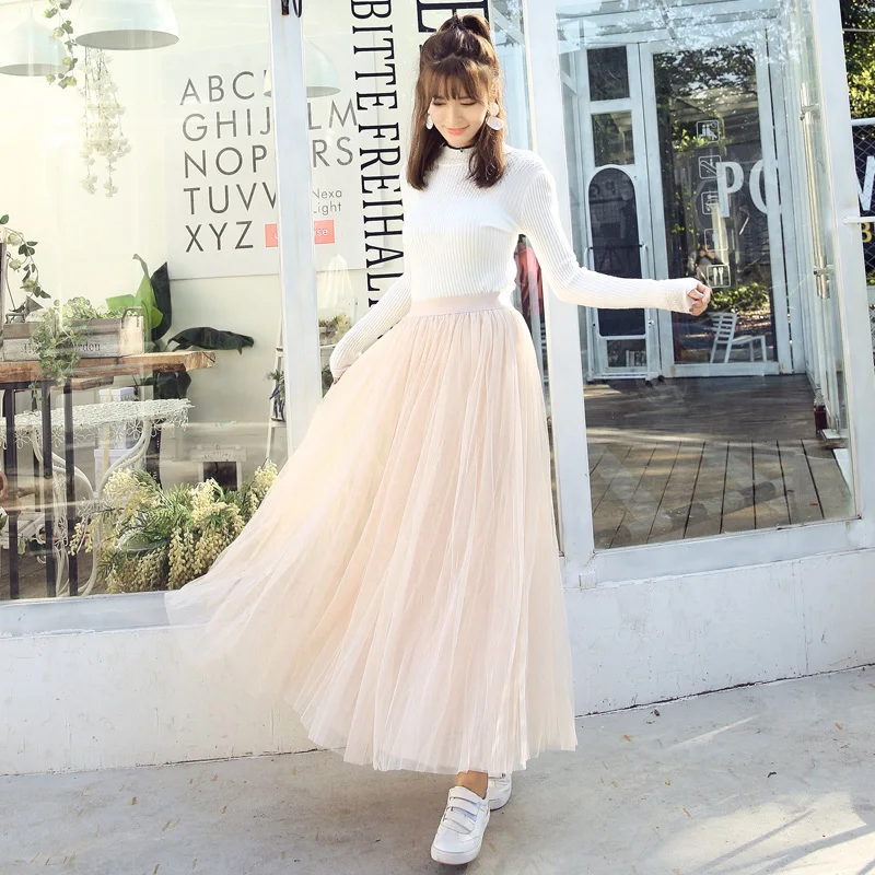 

Pure Color Four Seasons Pleated Fairy Bust Mesh Skirt, High Waist, Slim, Slim, All-match Mid-length A-line Large-length Skirt