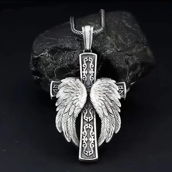 

Vintage Mens Angel Cross Necklace Pattern Embossed Catholic Pendant with Wing Cross Silver Pendant Prayer Faith Christian