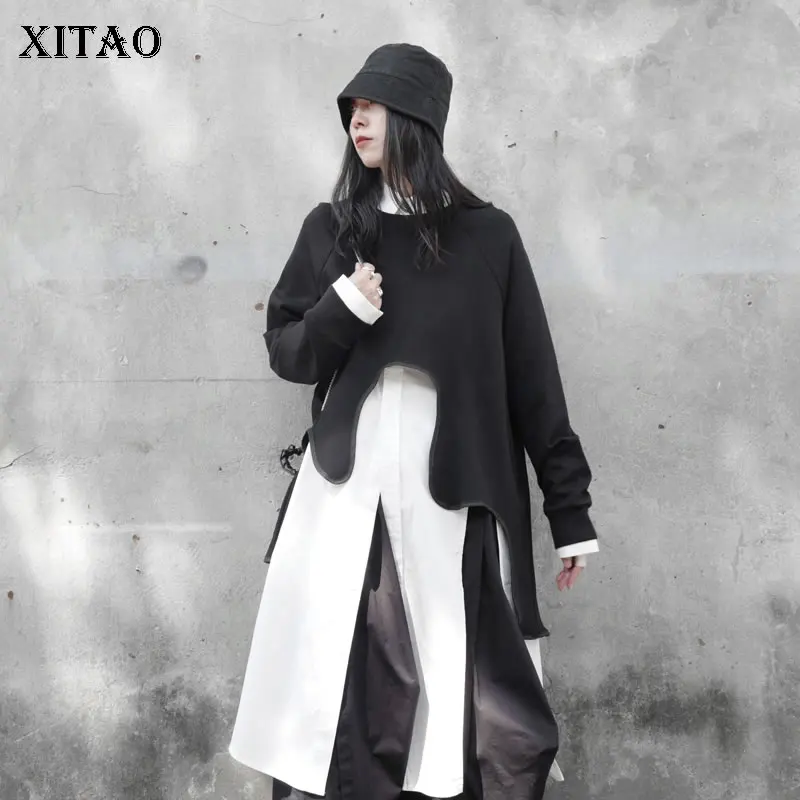 

XITAO Asymmetrical Women Sweatshirt Solid Black Loose Pullover Women Top 2021 Spring Autumn Fashion Casual All-match ZY6573
