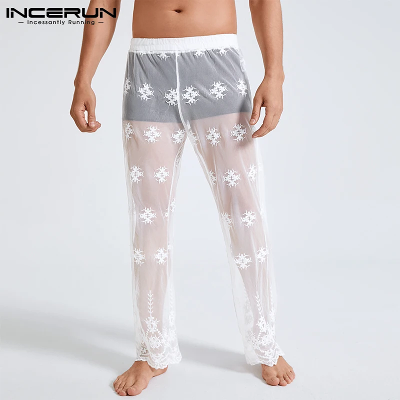 

INCERUN Men Sleep Pants Lace Mesh See Through Homewear Sexy 2021 Elastic Waist Sleep Bottoms Men Breathable Cozy Trousers 5XL 7