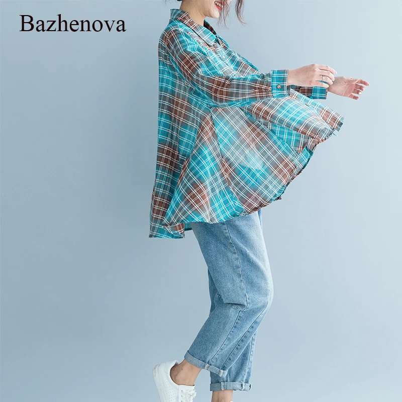 [Bazhenova】осенняя женская рубашка в клетку с принтом свободная Милая для девочек