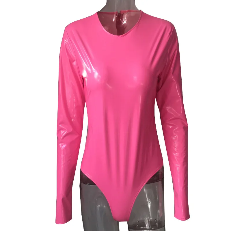 

Mandylandy Spring and Autumn Sexy PU Skinny Bodysuits Women's Fashion Long Sleeve Solid Color O-Neck Bodysuits