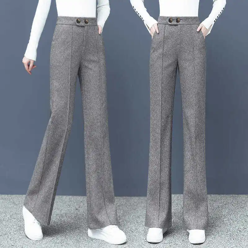 Thick Wool Straight Pants Women's Office Wear Side Pockets Autumn Winter Vintage High Waist Zipper Fly Female Wide Leg Trousers