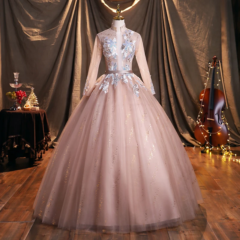 

Long Sleeve Vestidos Quinceanera Dresses High Neck Party Dress Luxury Lace Prom Ball Gown Vintage Formal Dress Robe De Bal