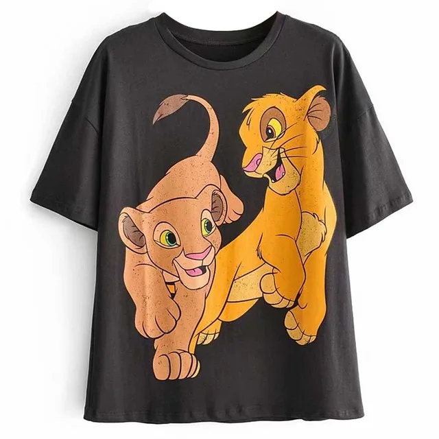 

Disney Chic Women Mickey Mouse Donald Duck The Lion King SIMBA Letter Cartoon Print T-Shirt O-Neck Pullover Short Sleeve Tee Top