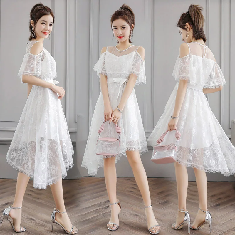 

Sexy Word Shoulder Summer Dress woman Elegant party Slim Dresses Delicate Lace woman Dress bowknot lace-up white dress vestidos