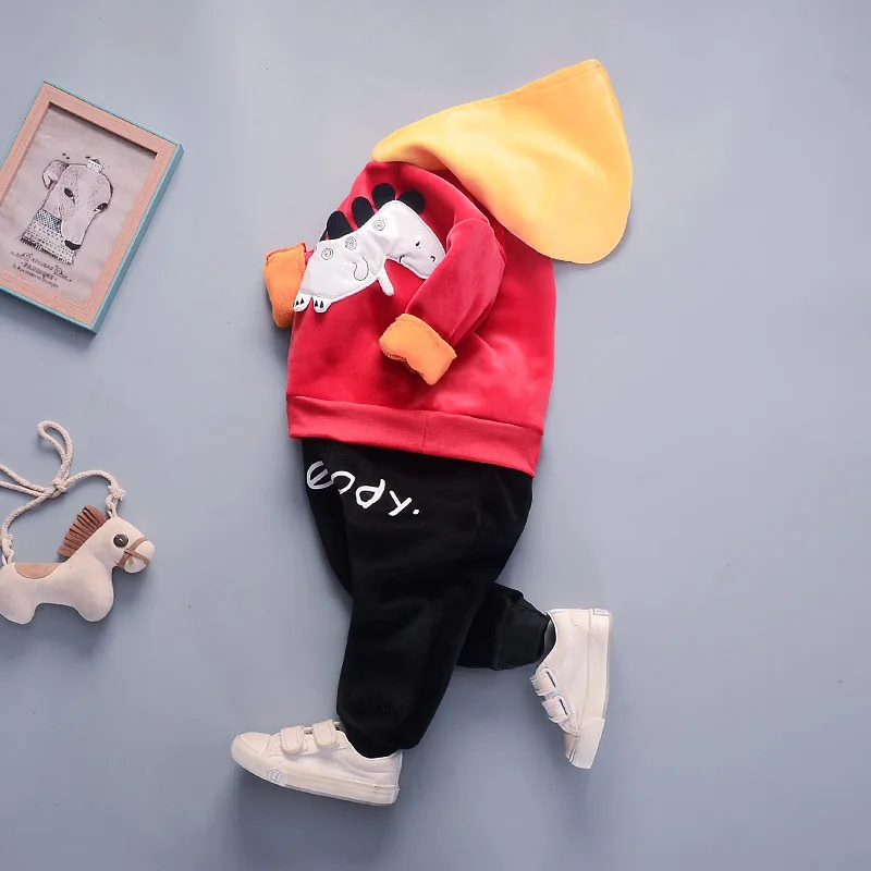 Осенне-зимний комплект одежды для мальчиков топы с капюшоном и принтом динозавра