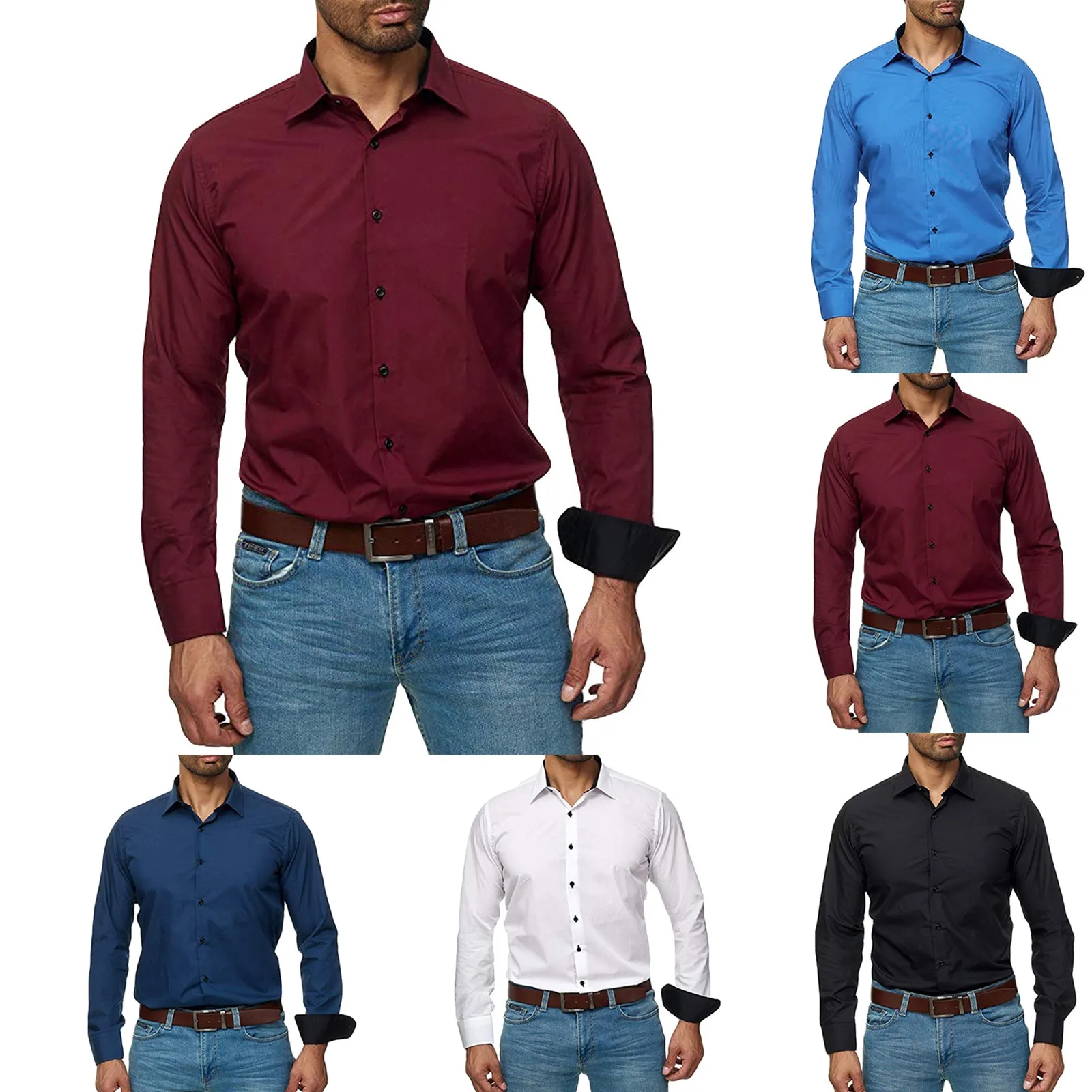 

Men'S European And American Business Casual Solid Color Lapel Long-Sleeved Shirt Shirt Casual Lapel Long-Sleeved Solid Color