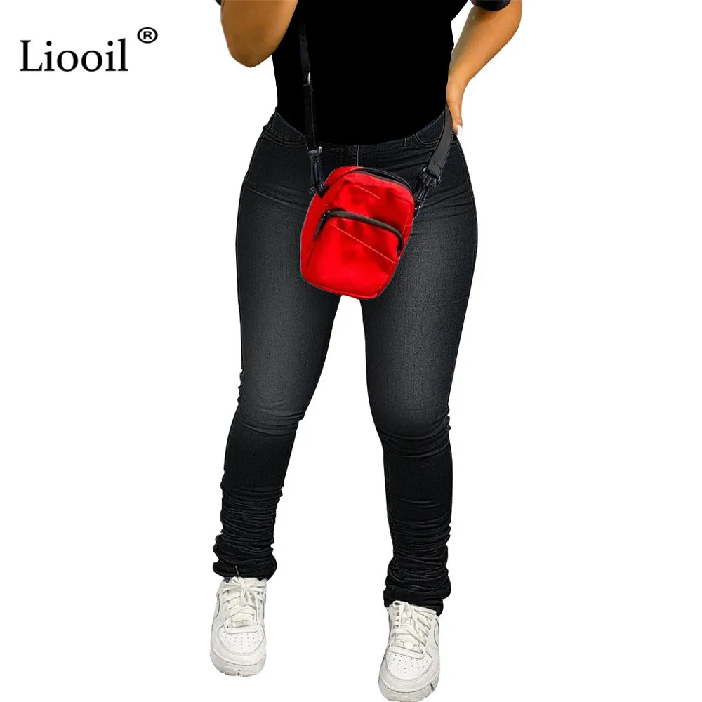

Liooil Blue Black High Waist Stacked Jeans For Women 2021 Streetwear Womens Trousers With Pockets Sexy Skinny Denim Long Pants