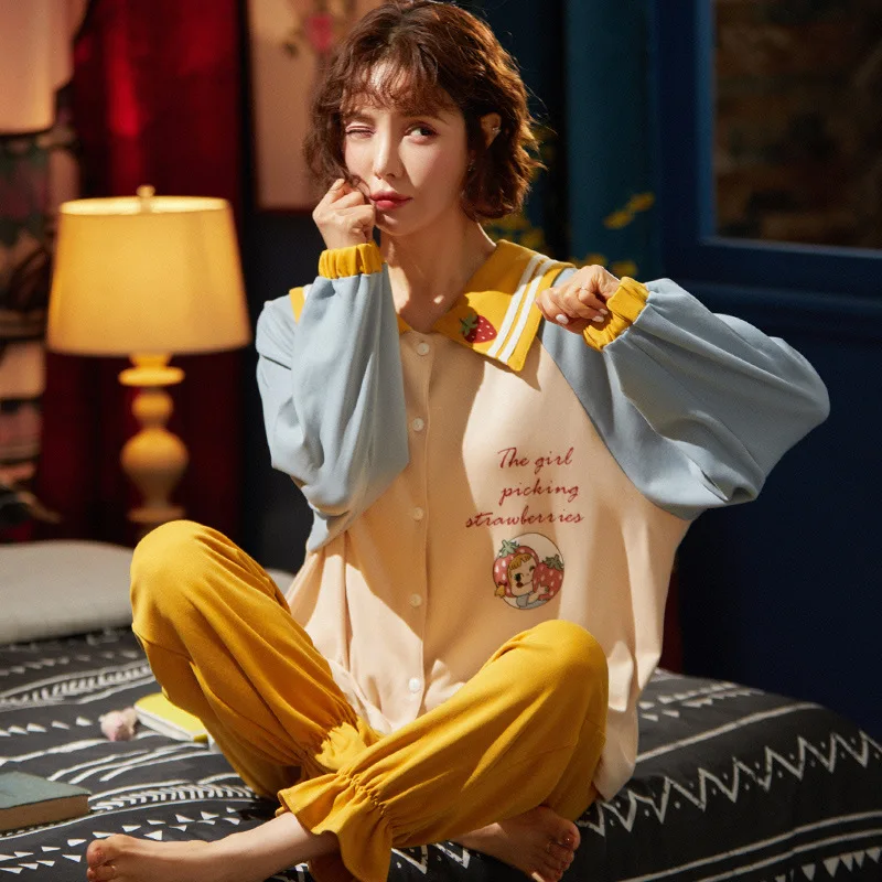 

Pajama Long Sleeve Lovely Cotton Graffiti Printed Home Clothes Suit Winter Season Pieces Cartoon Pajamas For Women