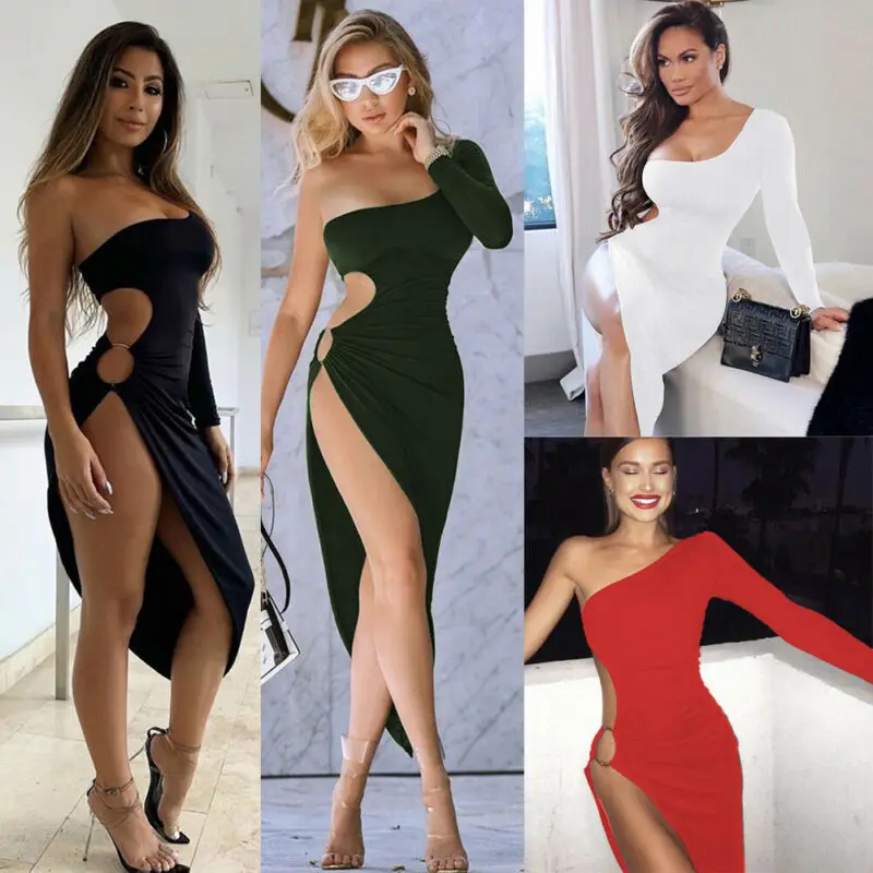 

Women Sexy One shoulder Long sleeve Slim Dress female Ladies Sliver High Slit Clubwear Stage Party Dresses Summer 2020 new
